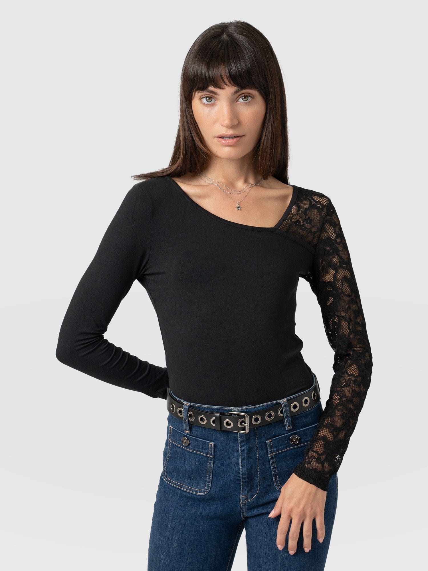 Aimee Cut Out Long Sleeve Tee Black Lace - Women's T-Shirts | Saint + Sofia® US