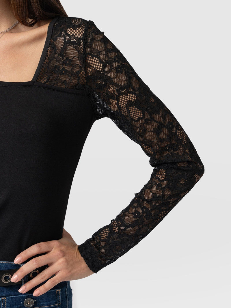 Aimee Cut Out Long Sleeve Tee Black Lace - Women's T-Shirts | Saint + Sofia® US