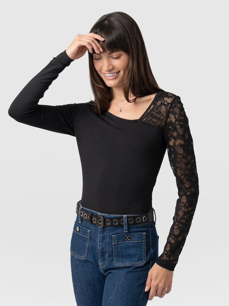 Aimee Cut Out Long Sleeve Tee Black Lace - Women's T-Shirts | Saint + Sofia® US