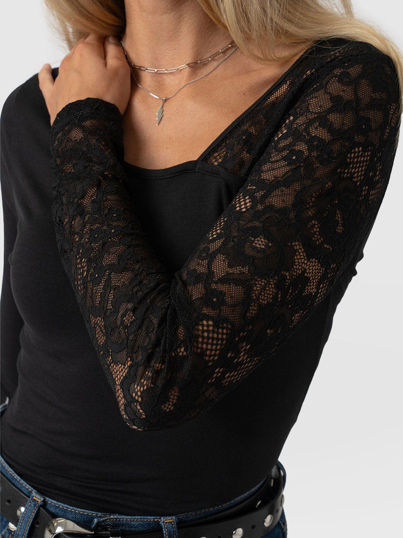 Aimee Cut Out Long Sleeve Tee Black Lace - Women's T-Shirts | Saint + Sofia® US