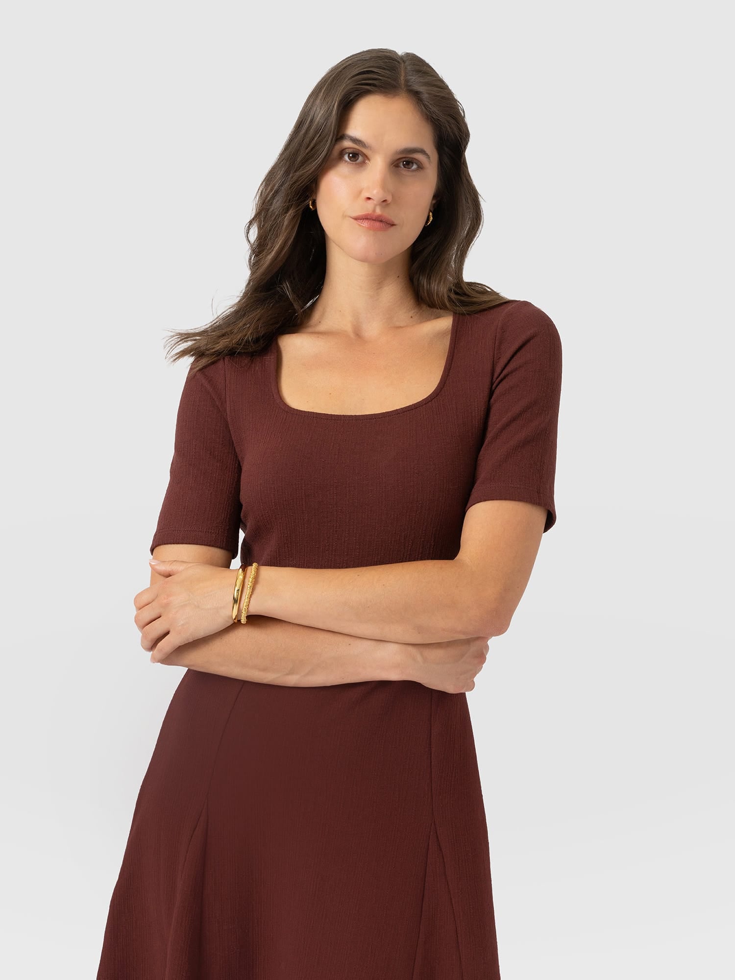 Akia Short Sleeve Dress - Maroon Textured - Women's Dresses | Saint and Sofia® USA