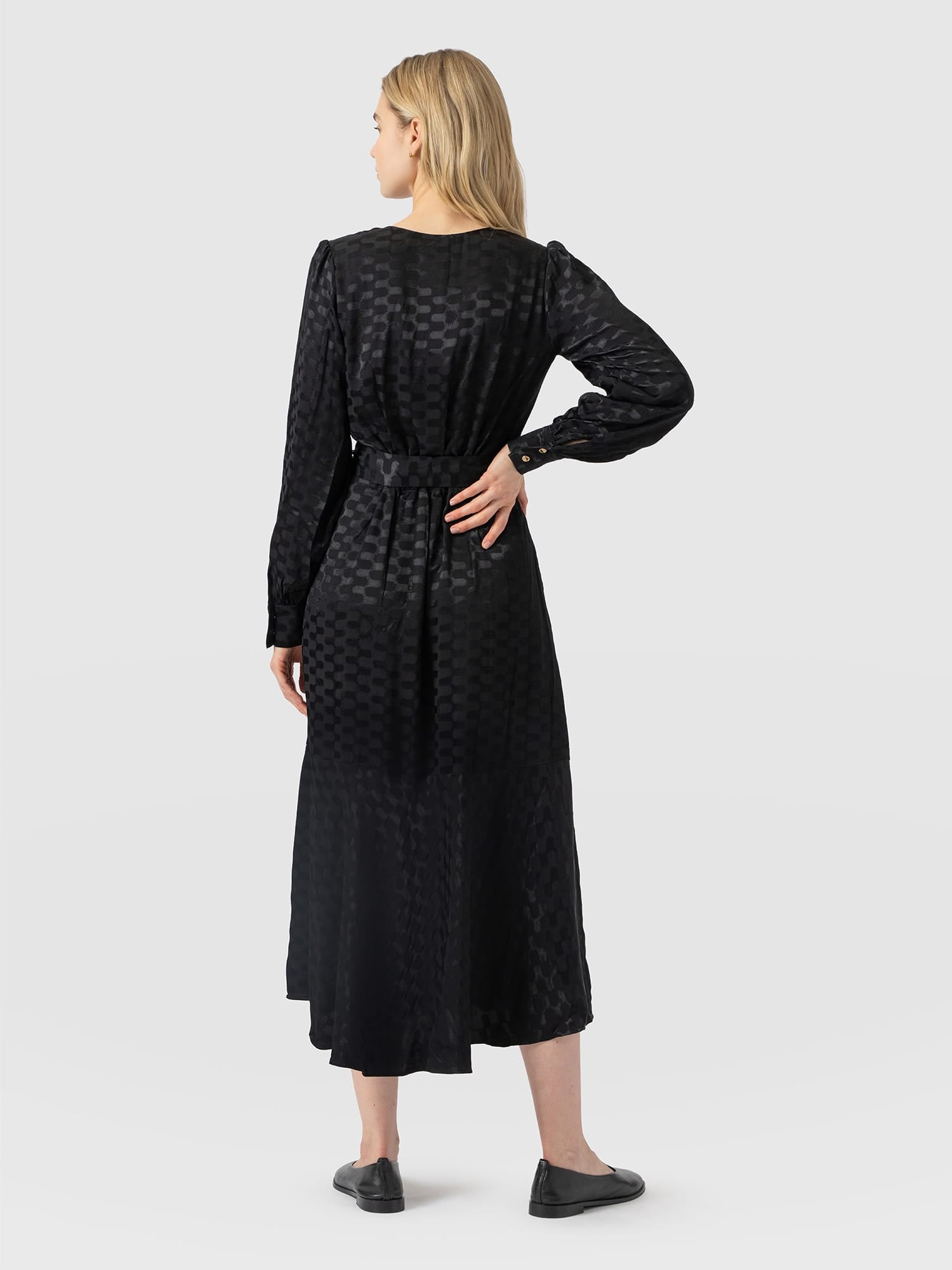 Allegra V Neck Dress - Black Jacquard - Women's Dresses | Saint and Sofia® USA