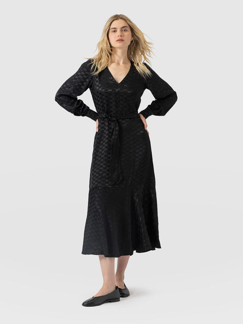 Allegra V Neck Dress - Black Jacquard - Women's Dresses | Saint and Sofia® USA