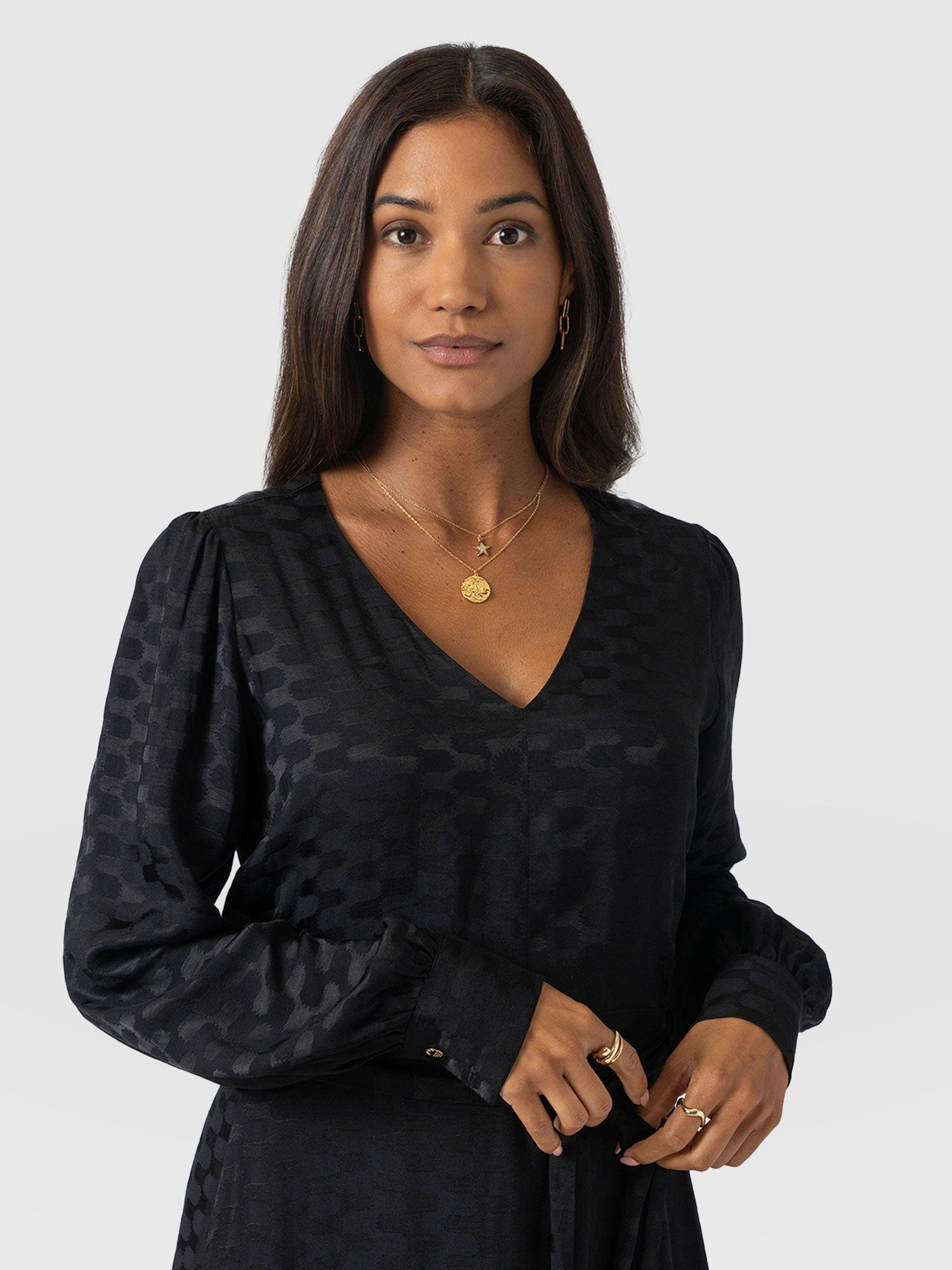 Allegra V Neck Dress - Black Jacquard - Women's Dresses | Saint + Sofia® USA