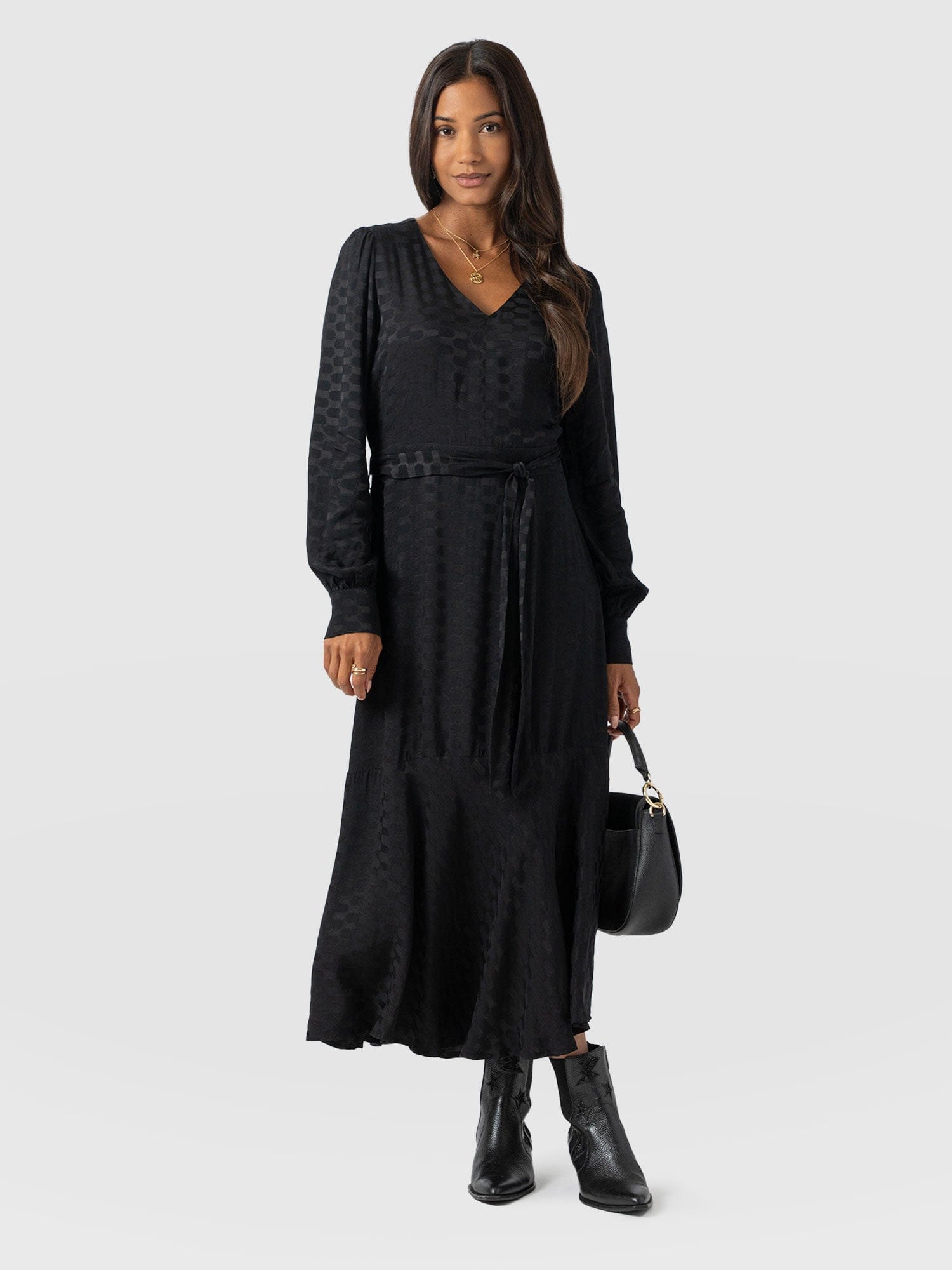Allegra V Neck Dress - Black Jacquard - Women's Dresses | Saint + Sofia® USA