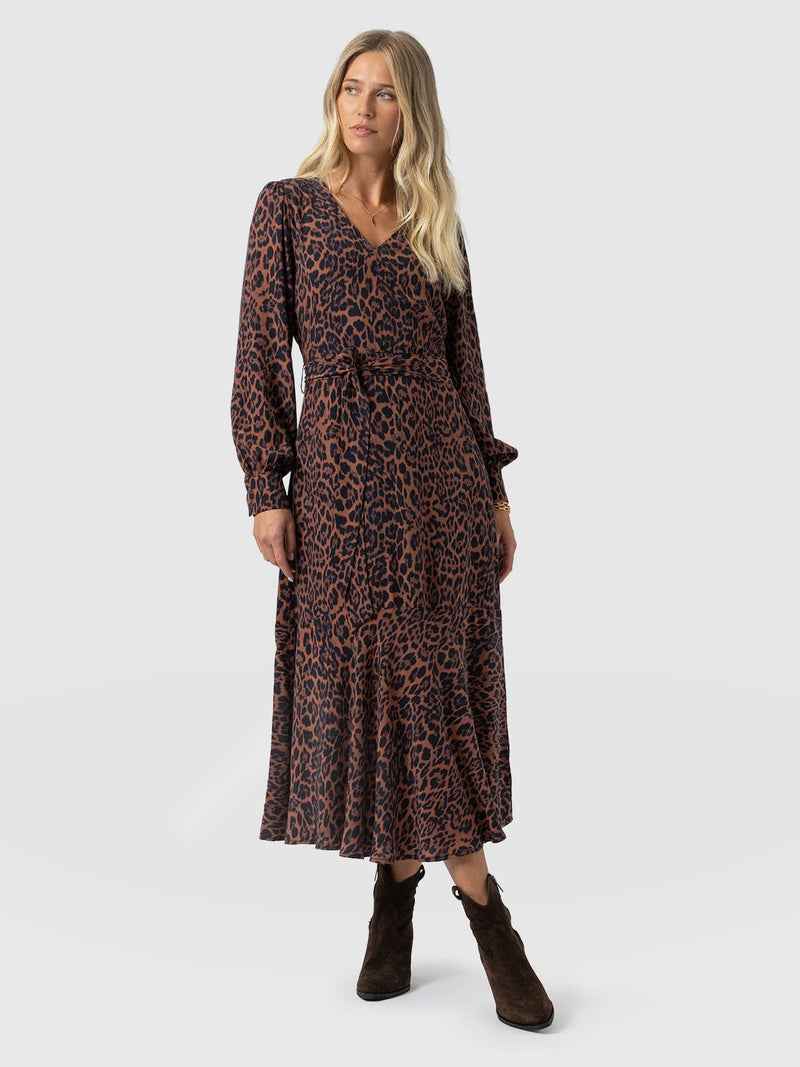 Allegra V Neck Dress - Brown Leopard - Women's Dresses | Saint + Sofia® USA