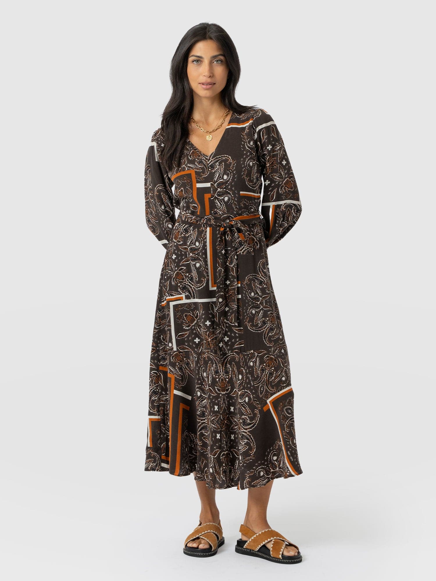 Allegra V Neck Dress - Brown Paisley - Women's Dresses | Saint + Sofia? USA