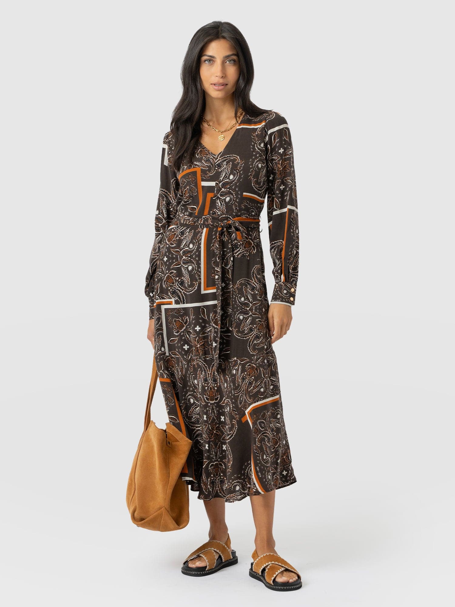 Allegra V Neck Dress - Brown Paisley - Women's Dresses | Saint + Sofia? USA