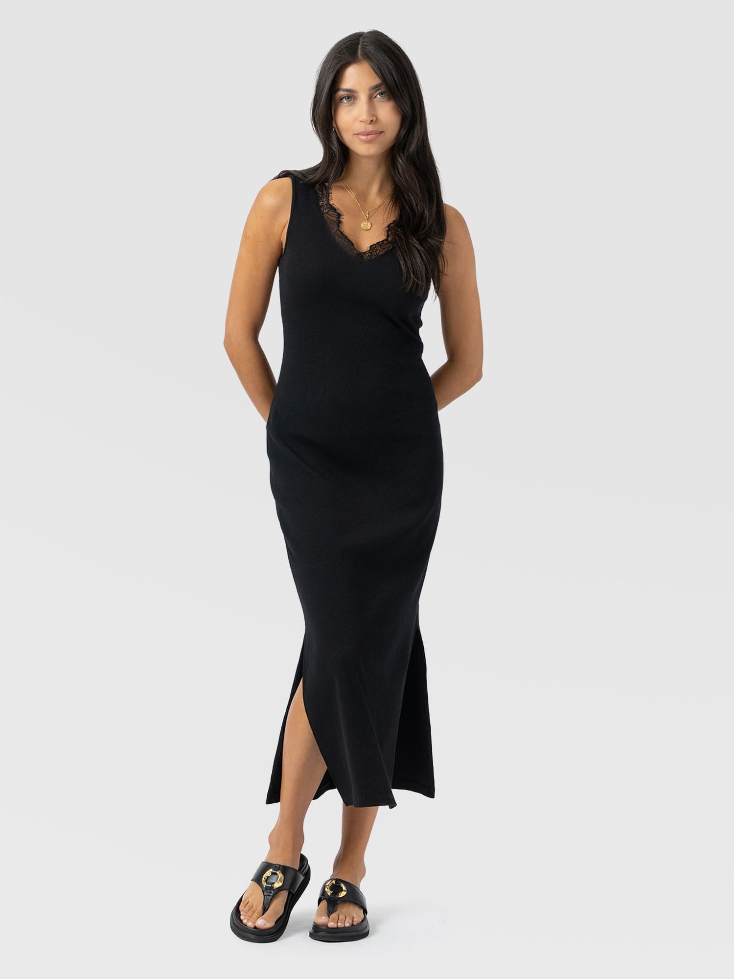 Andie Sleeveless V Neck Dress - Black Lace - Women's Dresses | Saint + Sofia® USA