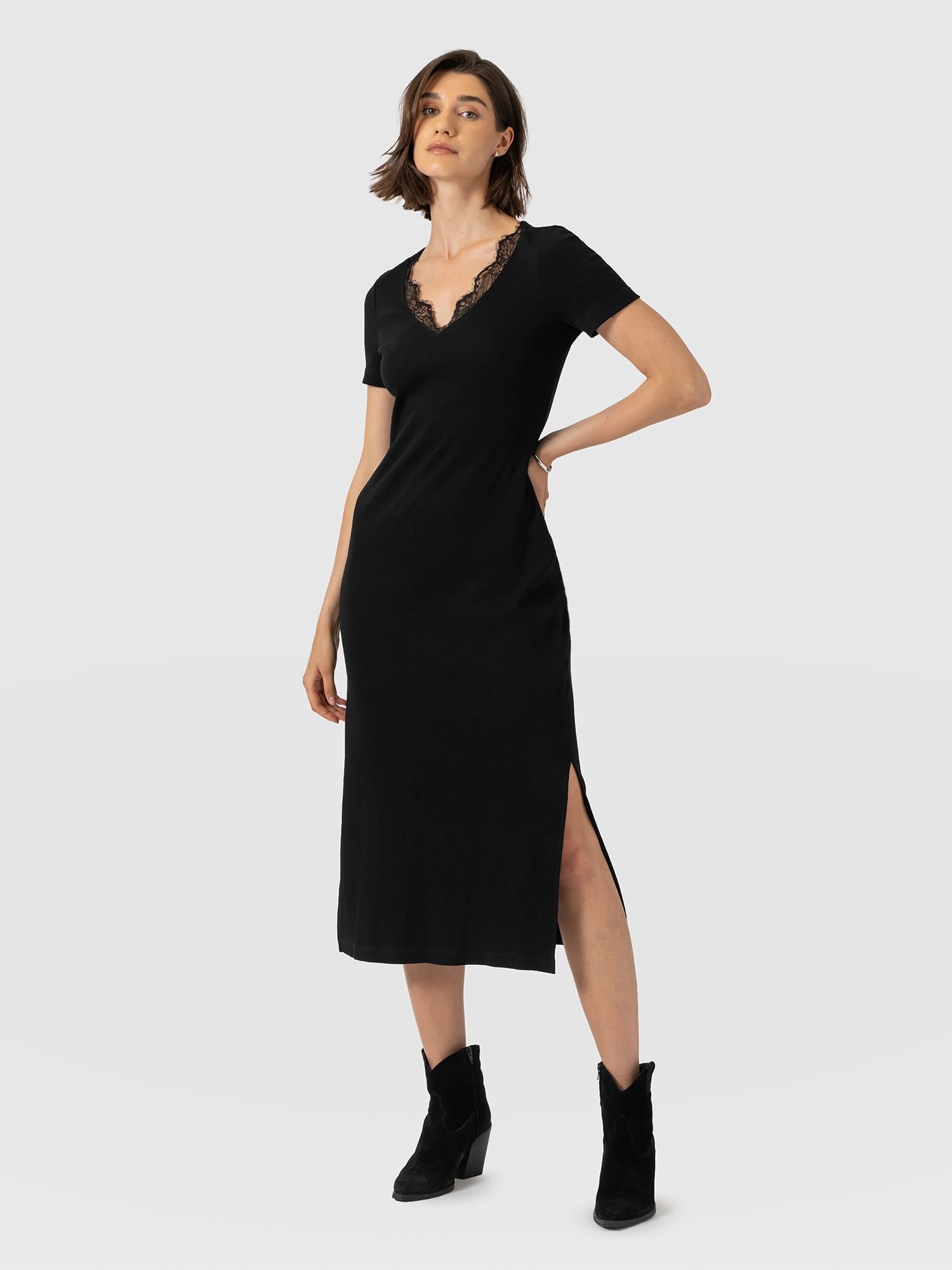 Andie V Neck Dress - Black Lace - Women's Dresses | Saint and Sofia® USA