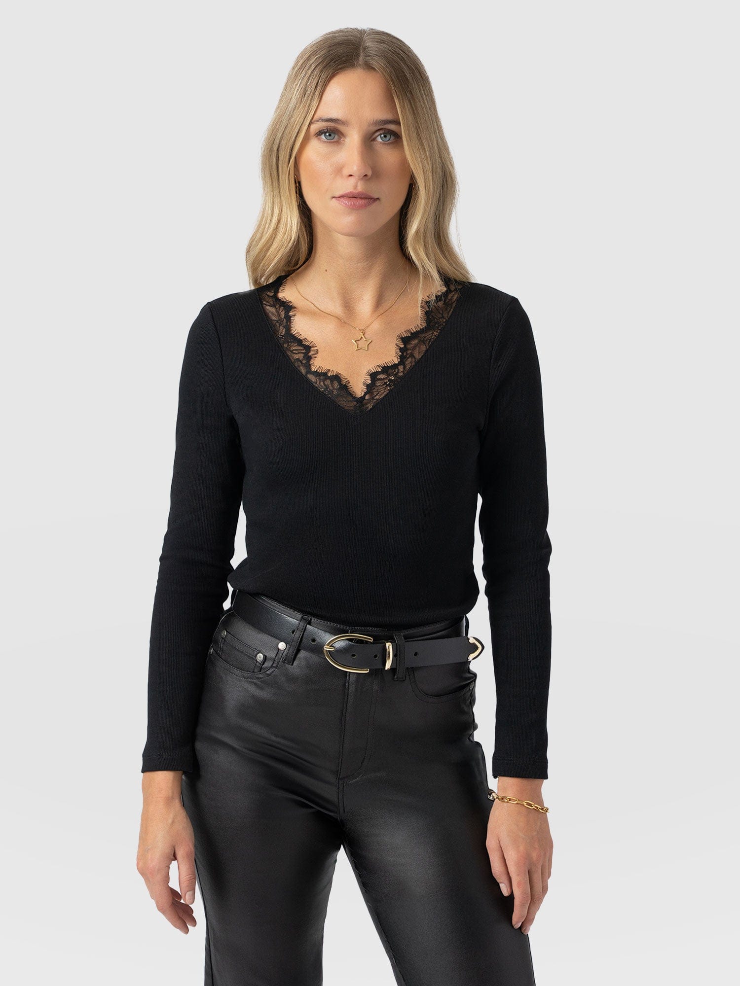 Andie V Neck Long Sleeve Tee - Black Lace - Women's T-shirts | Saint + Sofia® USA