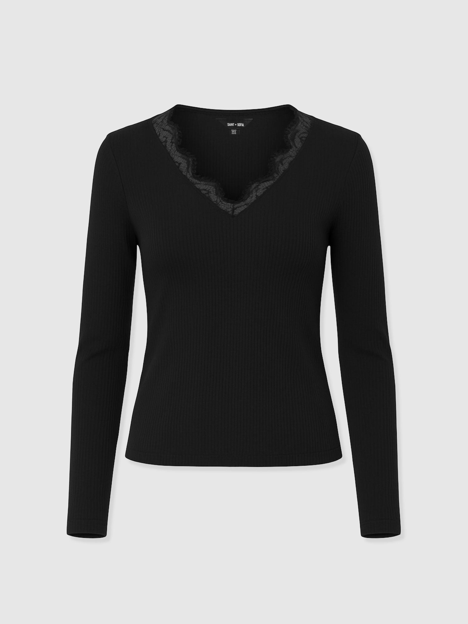 Andie V Neck Long Sleeve Tee - Black Lace - Women's T-shirts | Saint + Sofia® USA