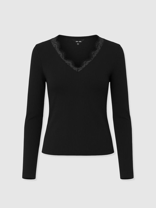 Andie V Neck Long Sleeve Tee - Black Lace - Women's T-shirts | Saint + Sofia® USA