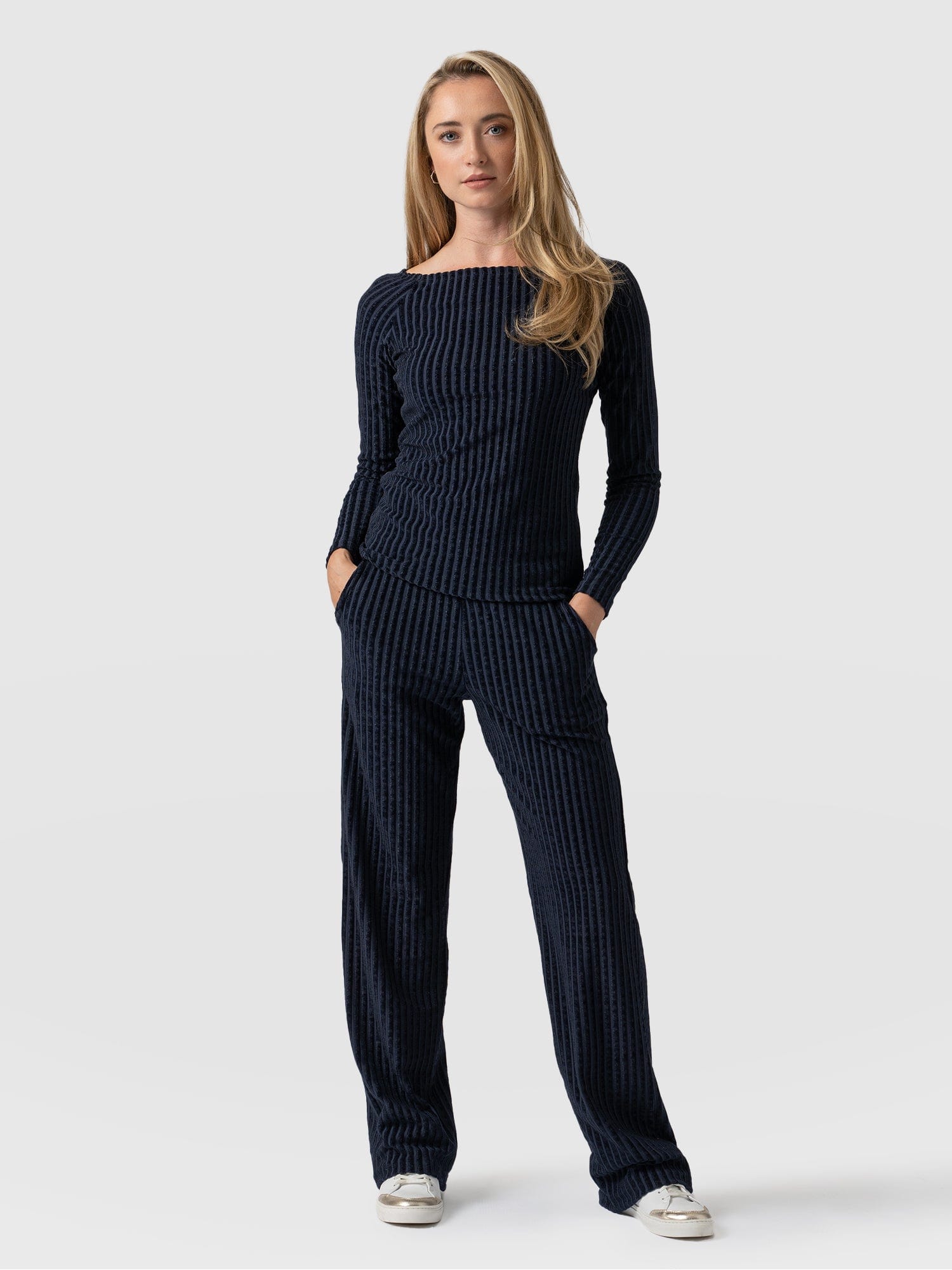 Apartment Pant Navy Stripe Velvet - Women's Pants | Saint + Sofia® USA