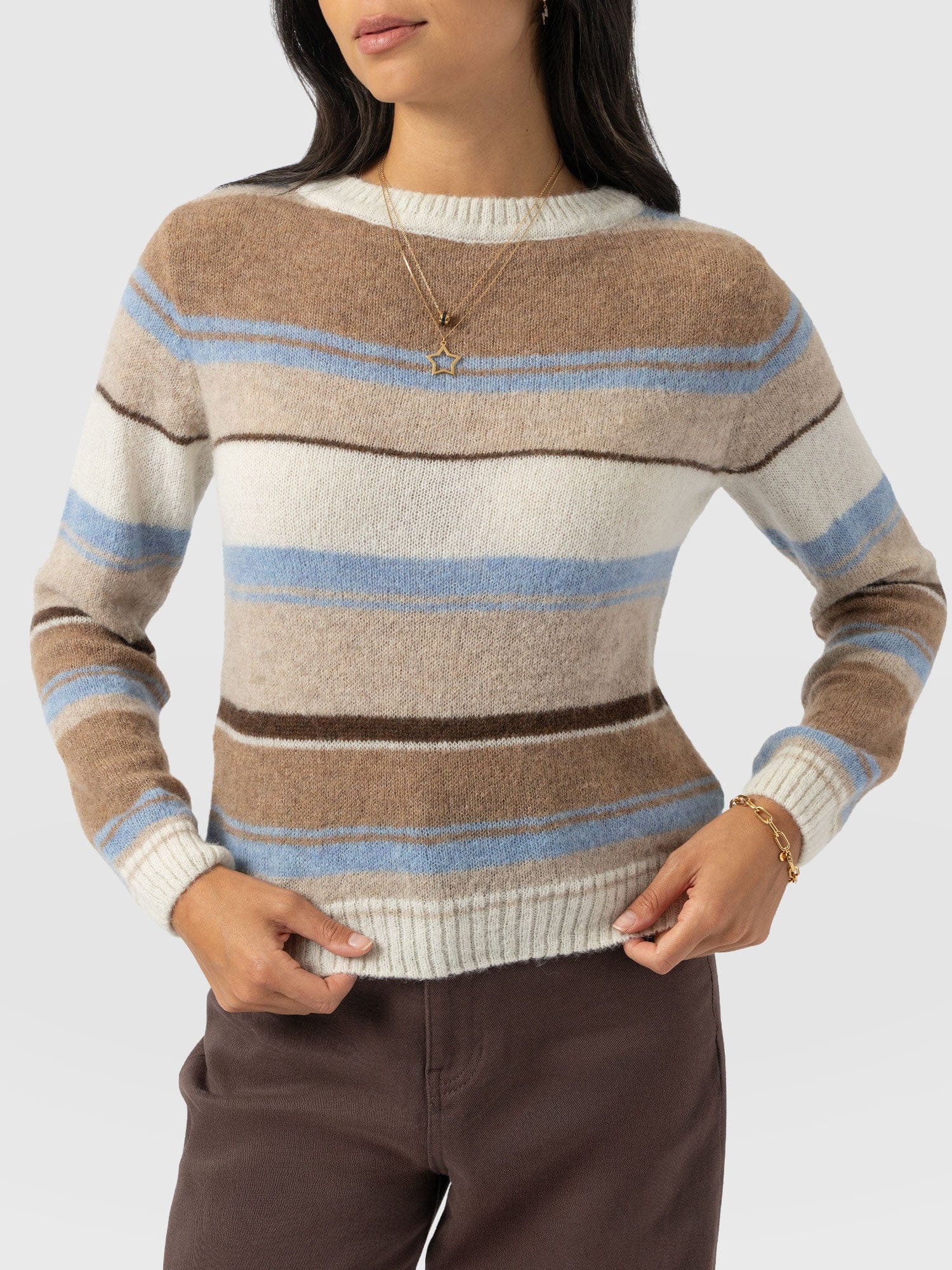Ariella Boat Neck Sweater - Blue/Brown Stripe - Women's Sweaters | Saint + Sofia® USA