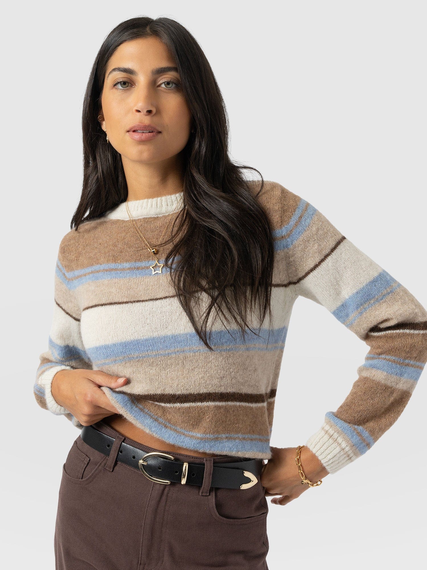 Ariella Boat Neck Sweater - Blue/Brown Stripe - Women's Sweaters | Saint + Sofia® USA