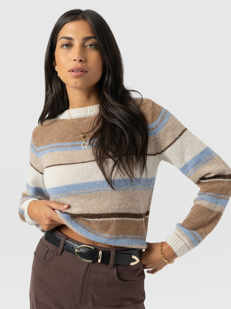 Ariella Boat Neck Sweater - Blue/Brown Stripe - Women's Sweaters | Saint + Sofia® USA