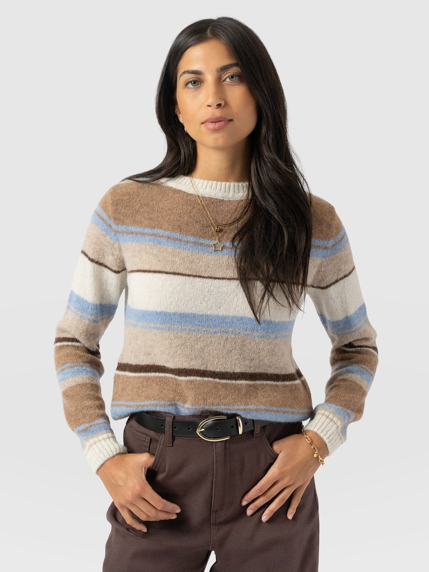 Ariella Boat Neck Sweater - Blue/Brown Stripe - Women's Sweaters | Saint + Sofia® USA
