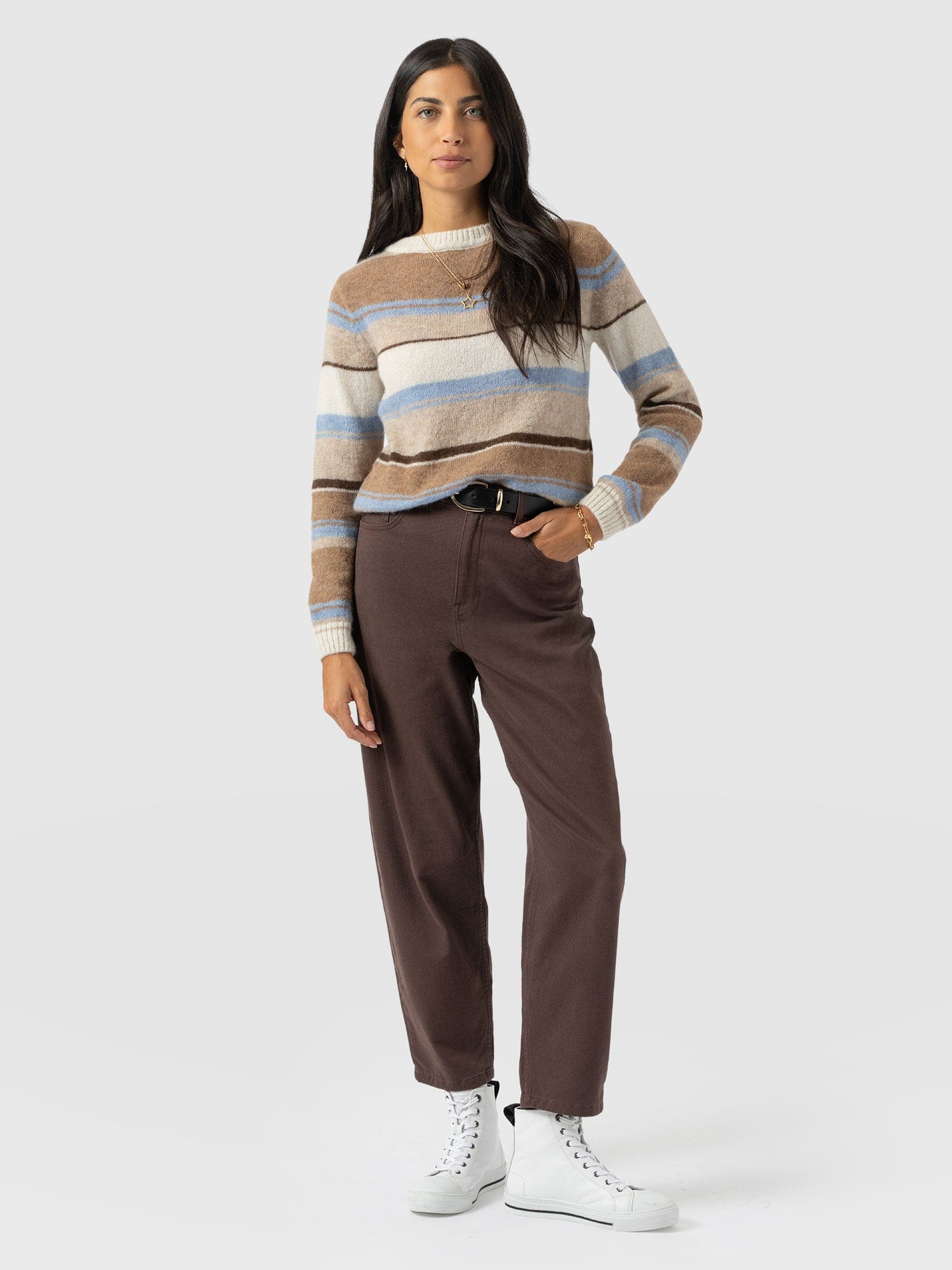 Ariella Boat Neck Sweater - Blue/Brown Stripe - Women's Sweaters | Saint + Sofia® USA