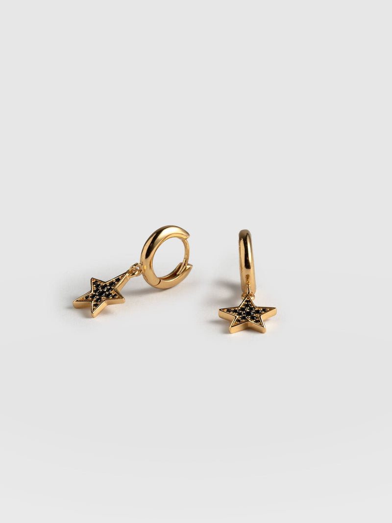 Astral Star Charm Drop Huggie Earrings Gold/Black - Women's Jewellery | Saint + Sofia® UK