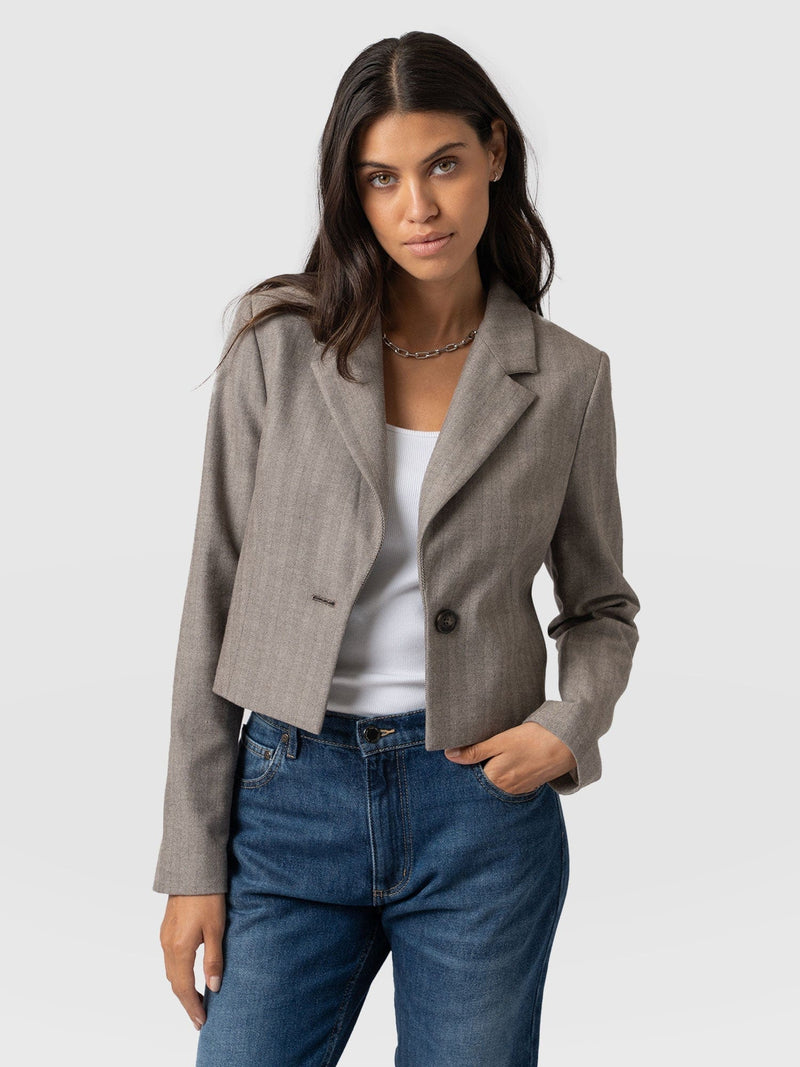 Astrid Cropped Blazer Brown Herringbone - Women's Blazers | Saint + Sofia® US