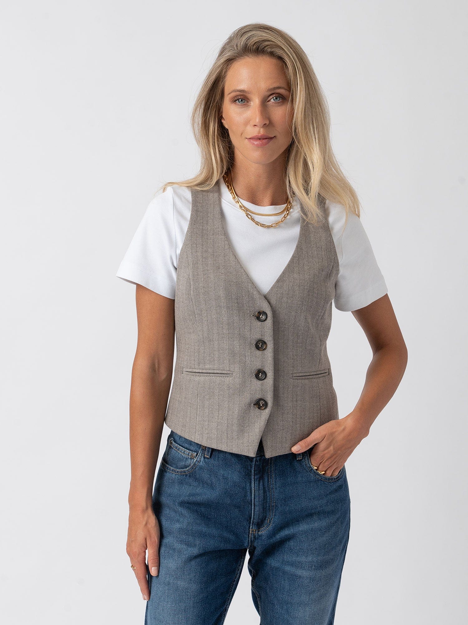 Astrid Vest Brown Herringbone - Women's Blazers | Saint + Sofia® US
