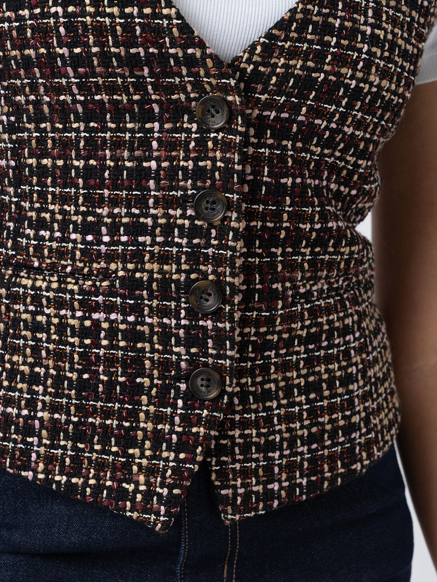 Astrid Waistcoat - Black/Burgundy/Gold Boucle - Women's Jackets | Saint + Sofia® USA