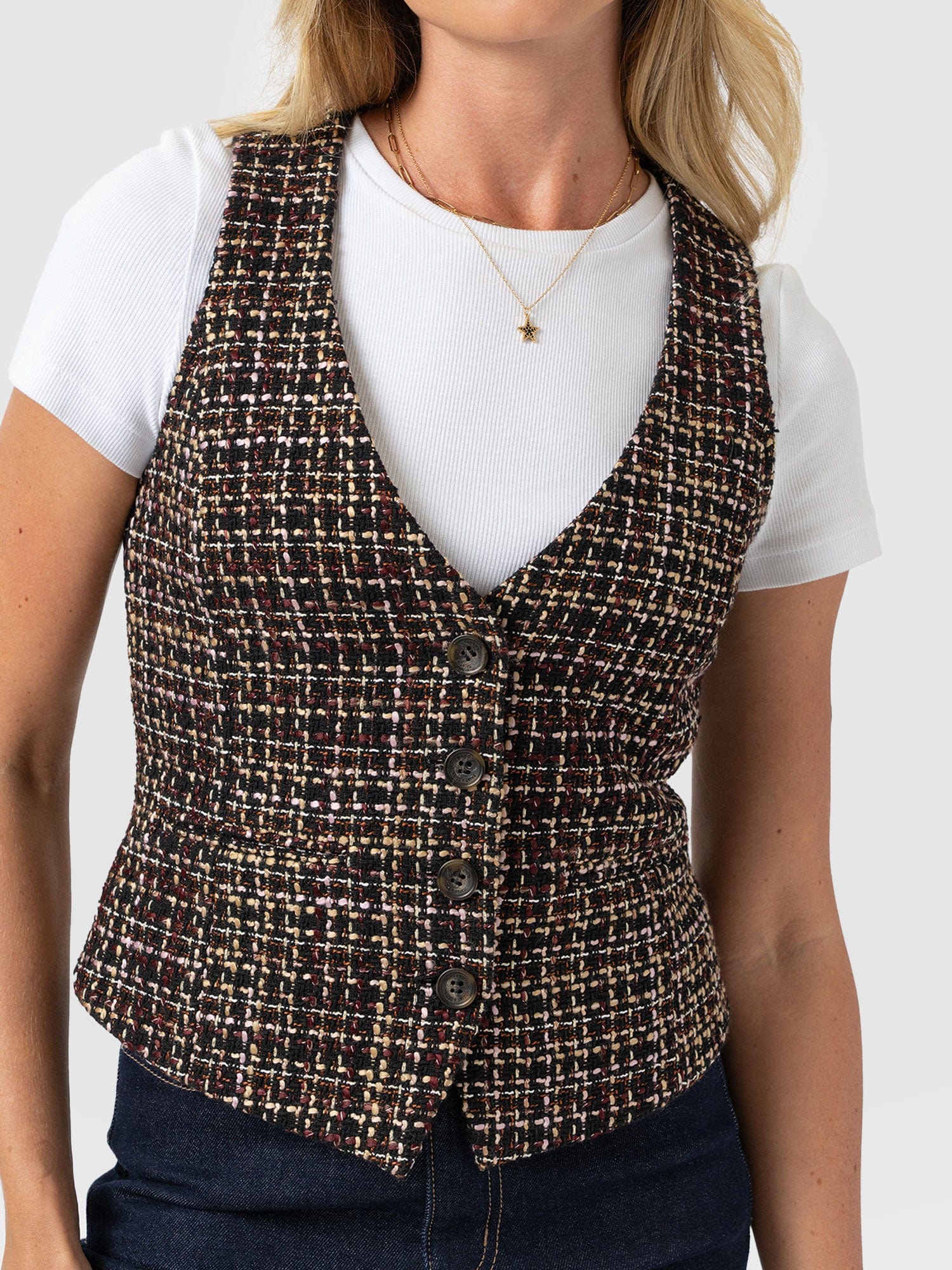 Astrid Waistcoat - Black/Burgundy/Gold Boucle - Women's Jackets | Saint + Sofia® USA