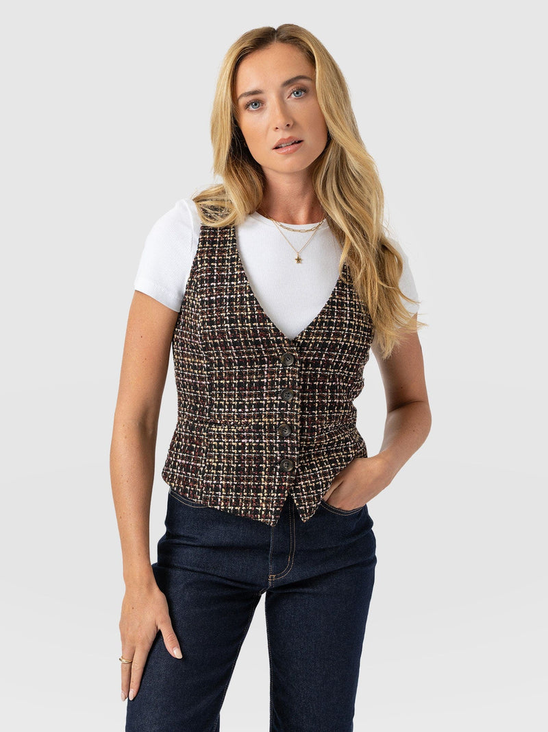 Astrid Waistcoat - Black/Burgundy/Gold Boucle - Women's Jackets | Saint + Sofia® USA