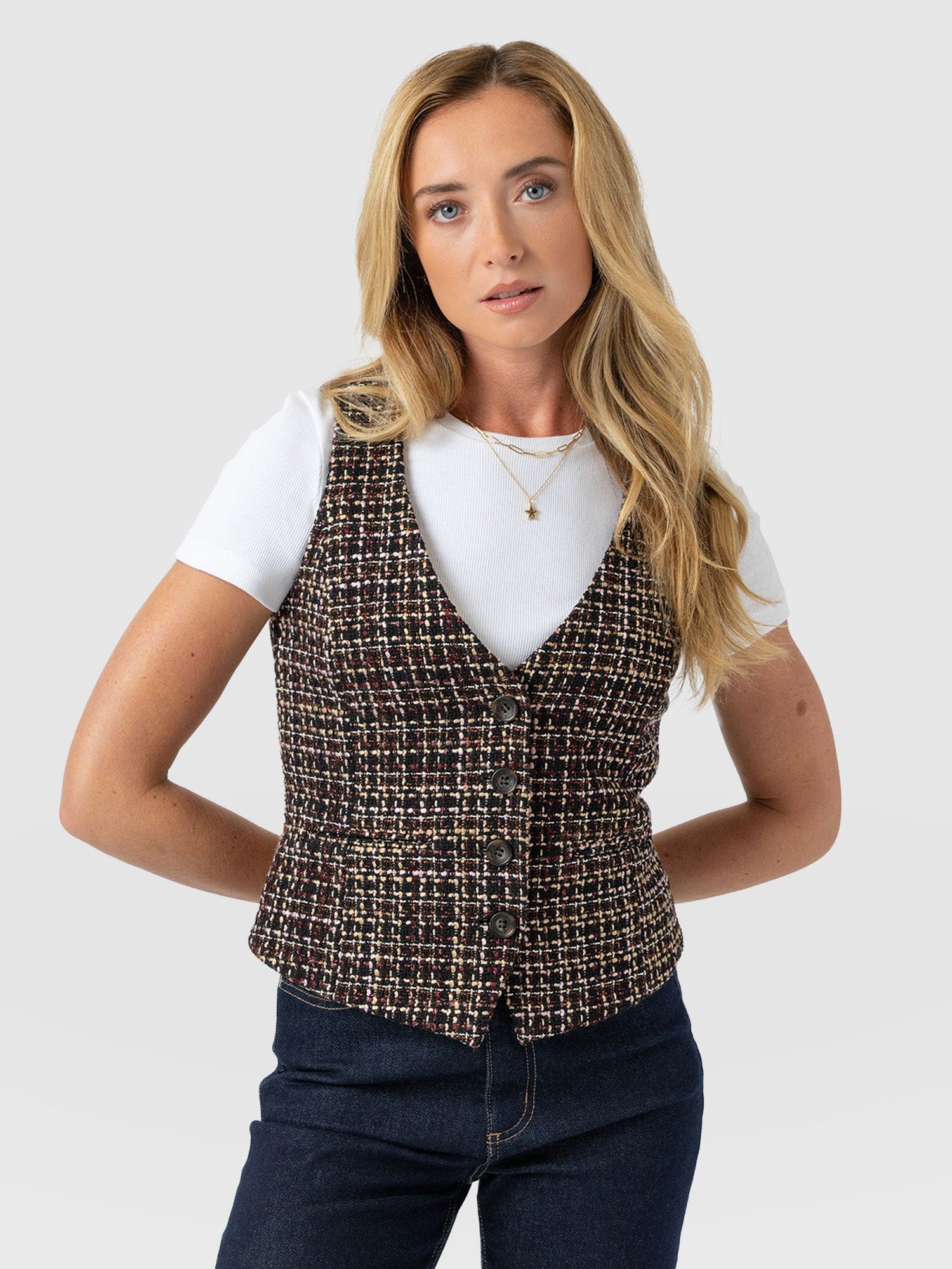 Astrid Waistcoat - Black/Burgundy/Gold Boucle - Women's Jackets | Saint + Sofia® USA