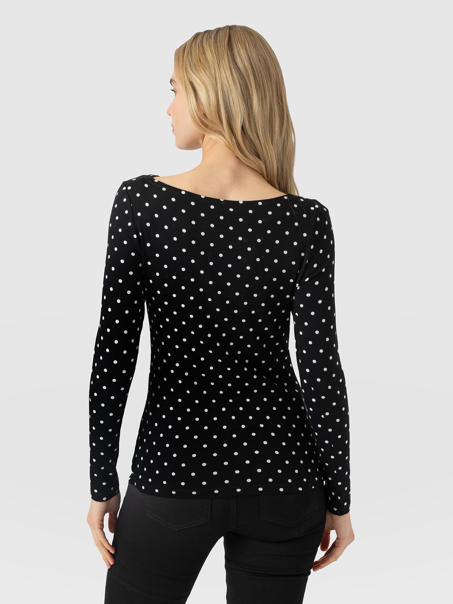 Austen Boat Neck Long Sleeve Tee - Black Polka Dot - Women's T-shirts | Saint and Sofia® USA