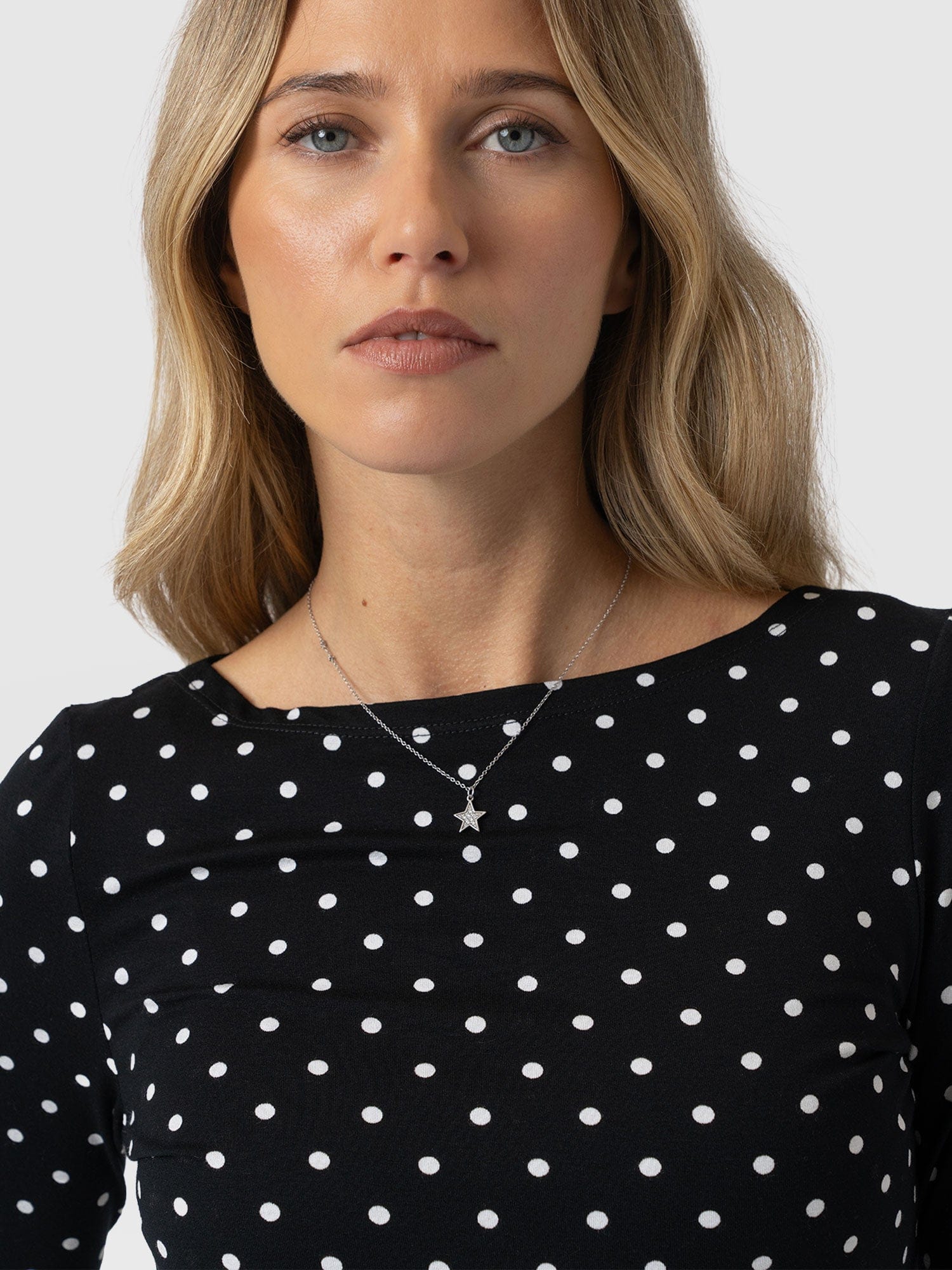 Austen Boat Neck Long Sleeve Tee - Black Polka Dot - Women's T-shirts | Saint + Sofia® USA