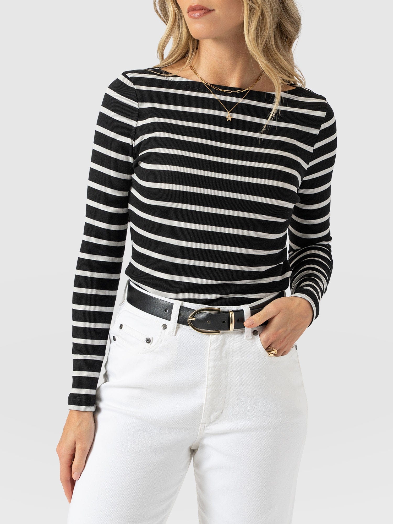 Austen Boat Neck Long Sleeve Tee - Black & White Stripe - Women's T-shirts | Saint + Sofia® USA