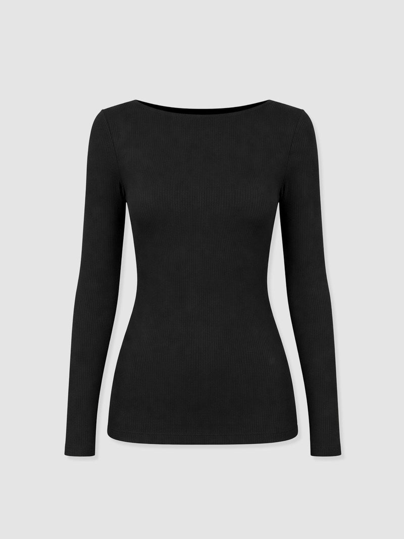 Austen Boat Neck Long Sleeve Tee - Black - Women's T-shirts | Saint + Sofia® USA