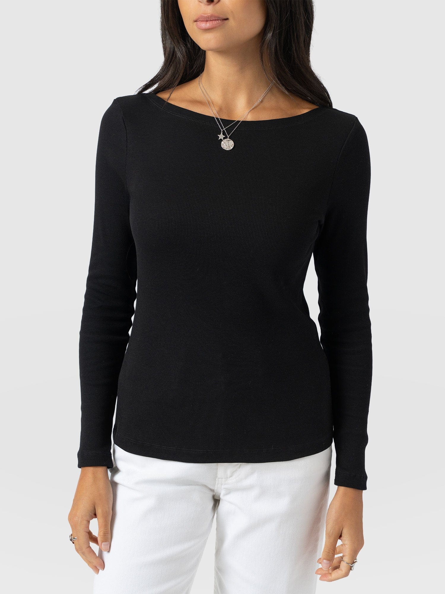 Austen Boat Neck Long Sleeve Tee - Black - Women's T-shirts | Saint + Sofia® USA
