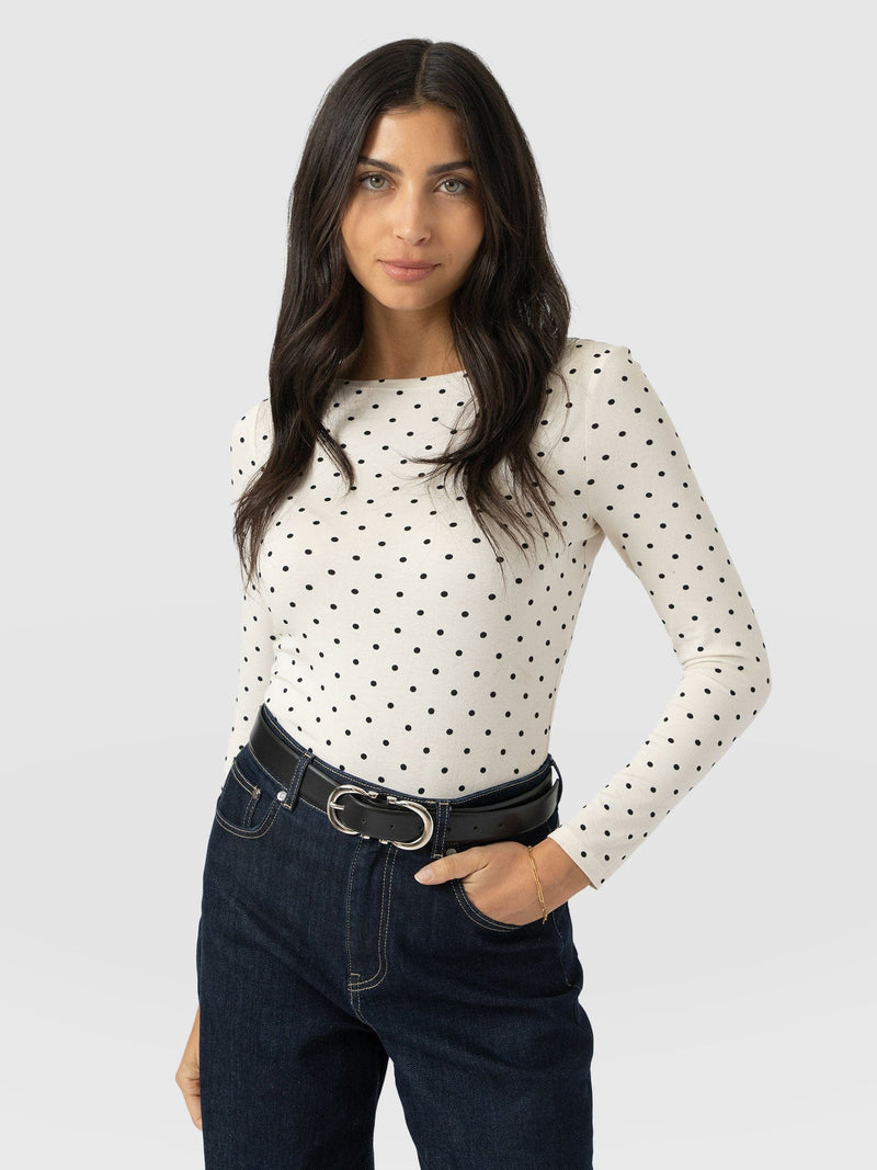 Austen Boat Neck Long Sleeve Tee - Cream Polka Dot - Women's T-shirts | Saint + Sofia® USA