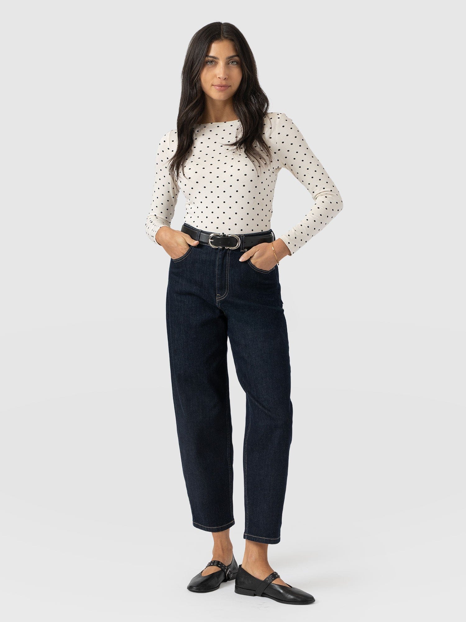 Austen Boat Neck Long Sleeve Tee - Cream Polka Dot - Women's T-shirts | Saint + Sofia® USA