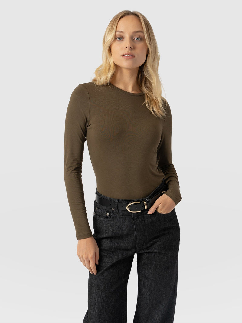 Austen Crew Neck Long Sleeve Tee Khaki - Women's Tops | Saint + Sofia® US