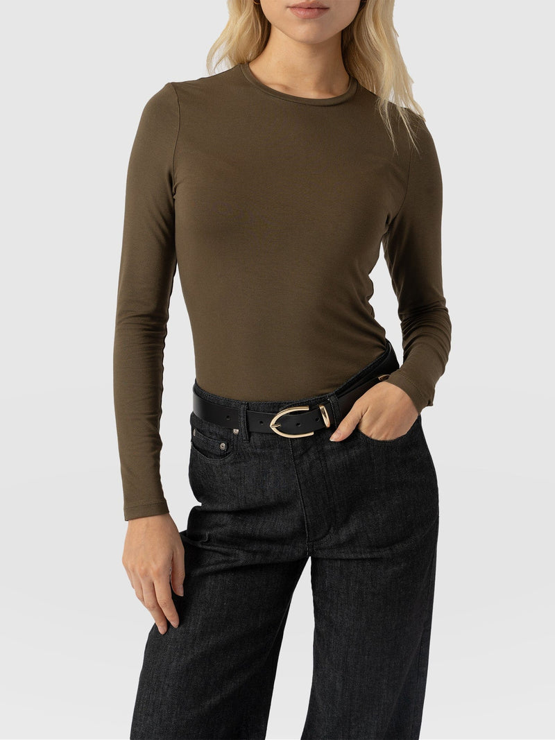 Austen Crew Neck Long Sleeve Tee Khaki - Women's Tops | Saint + Sofia® US