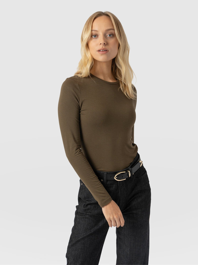 Austen Crew Neck Long Sleeve Tee Khaki - Women's Tops | Saint + Sofia® US