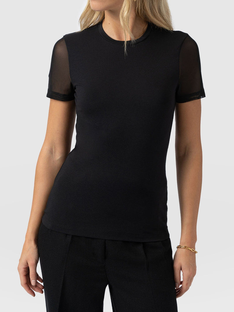 Austen Crew Neck Tee Short Sleeve - Black Mesh - Women's T-shirts | Saint + Sofia® USA