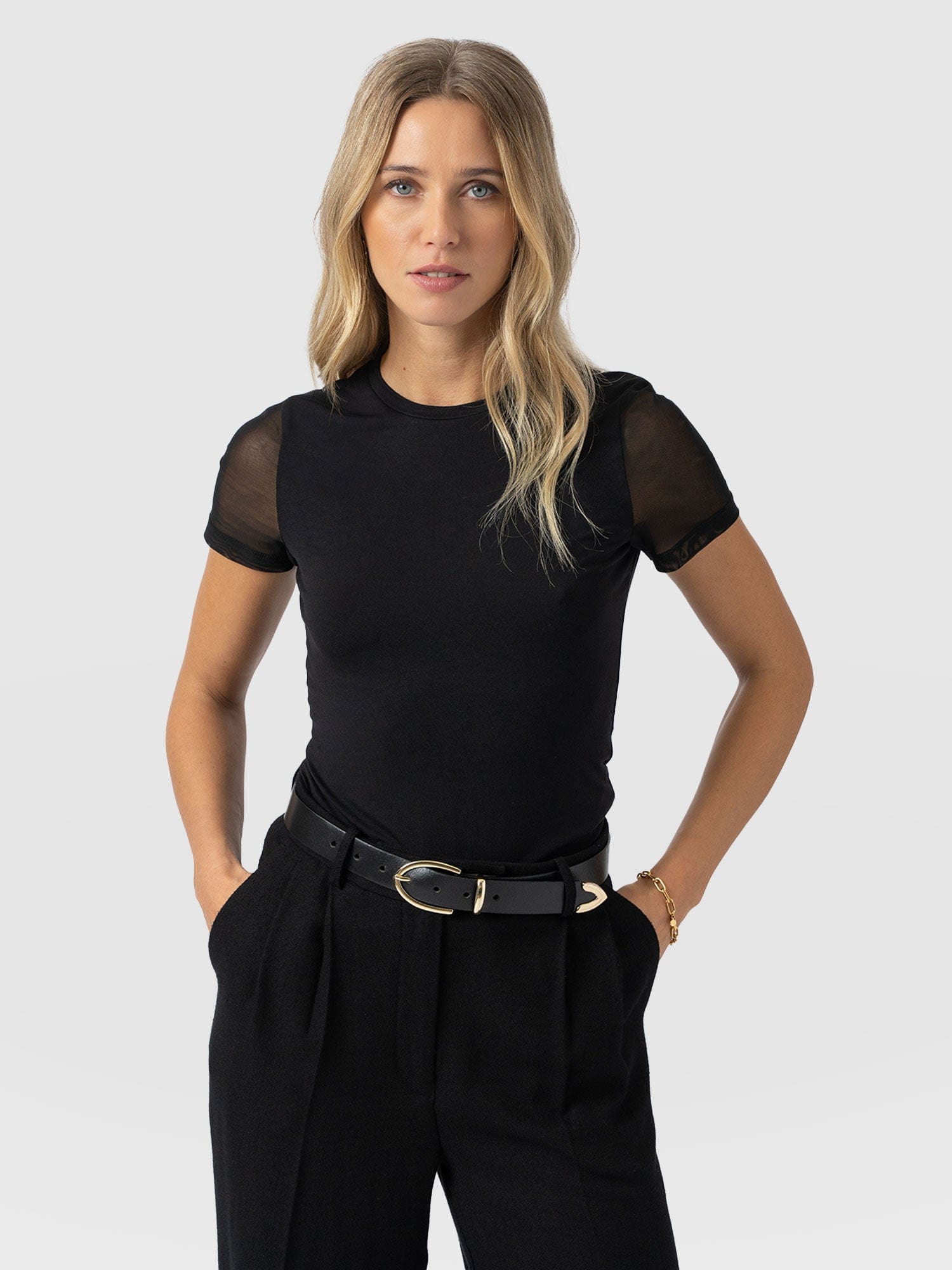 Austen Crew Neck Tee Short Sleeve - Black Mesh - Women's T-shirts