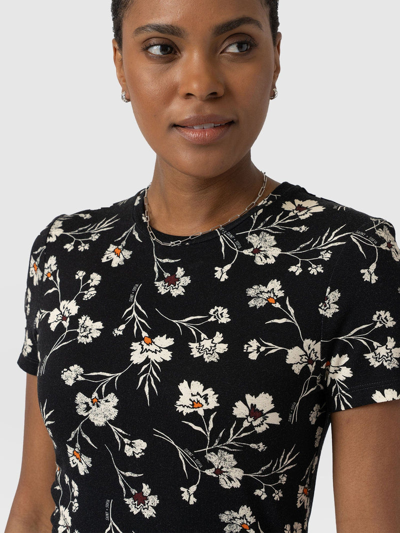 Austen Crew Neck Tee Short Sleeve - Black Spring Floral - Women's T-Shirts | Saint + Sofia® USA