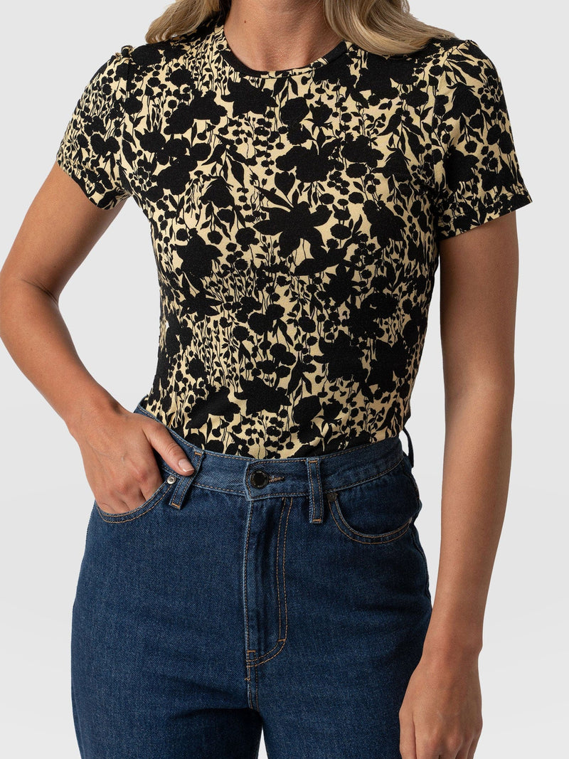 Austen Crew Neck Tee Short Sleeve Yellow Black Floral - Women's T-Shirts | Saint + Sofia® USA