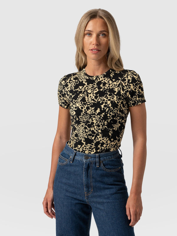 Austen Crew Neck Tee Short Sleeve Yellow Black Floral - Women's T-Shirts | Saint + Sofia® USA