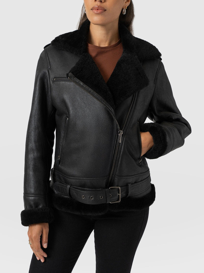 Aviator Shearling Jacket Black - Women's Jackets | Saint + Sofia® USA