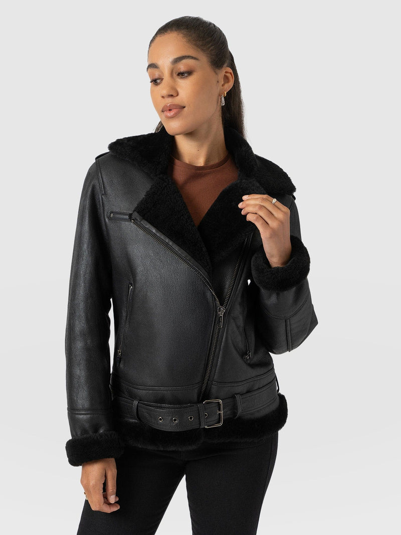 Aviator Shearling Jacket Black - Women's Jackets | Saint + Sofia® USA