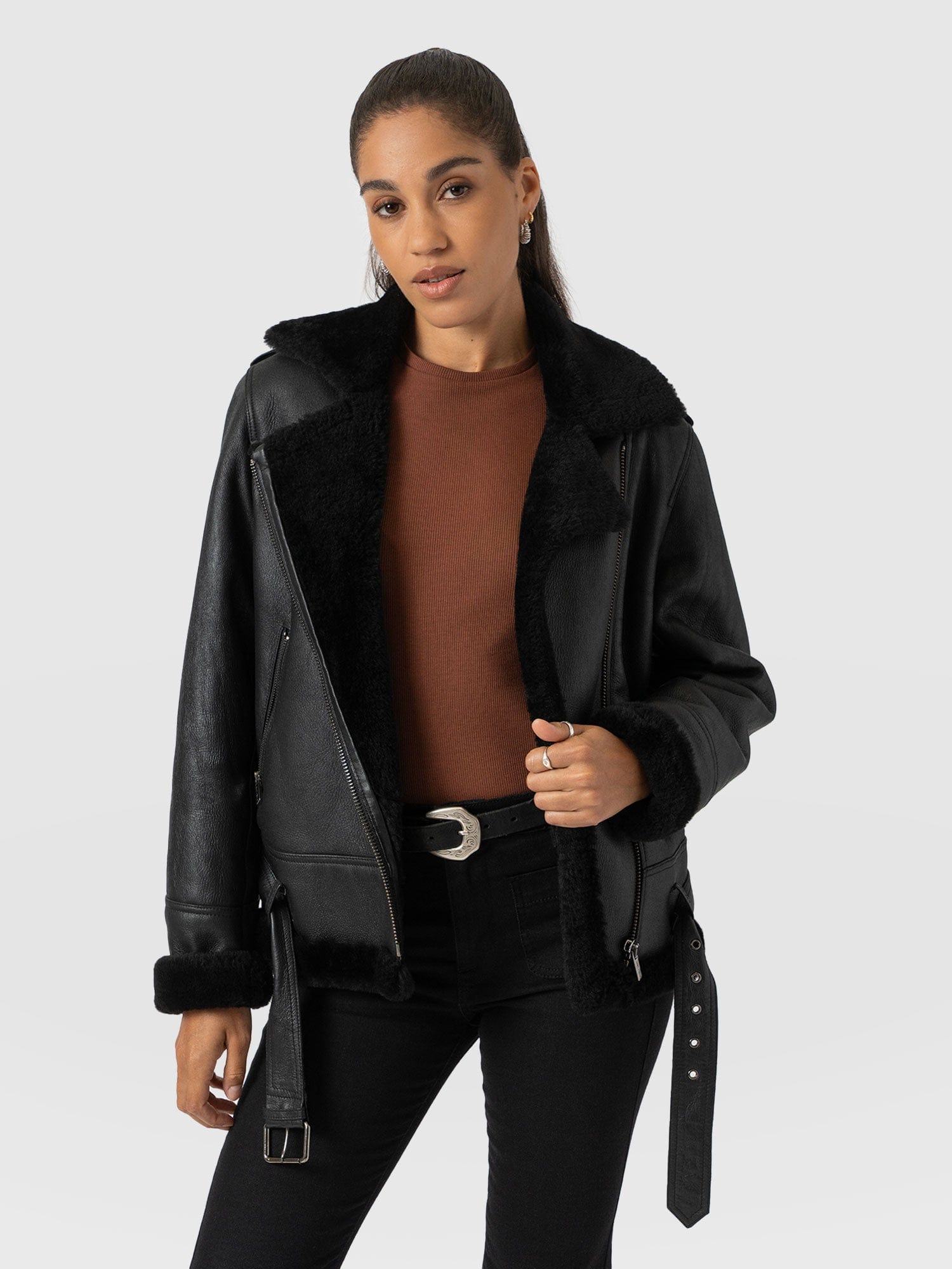 Aviator Shearling Jacket Black - Women's Jackets | Saint + Sofia® USA