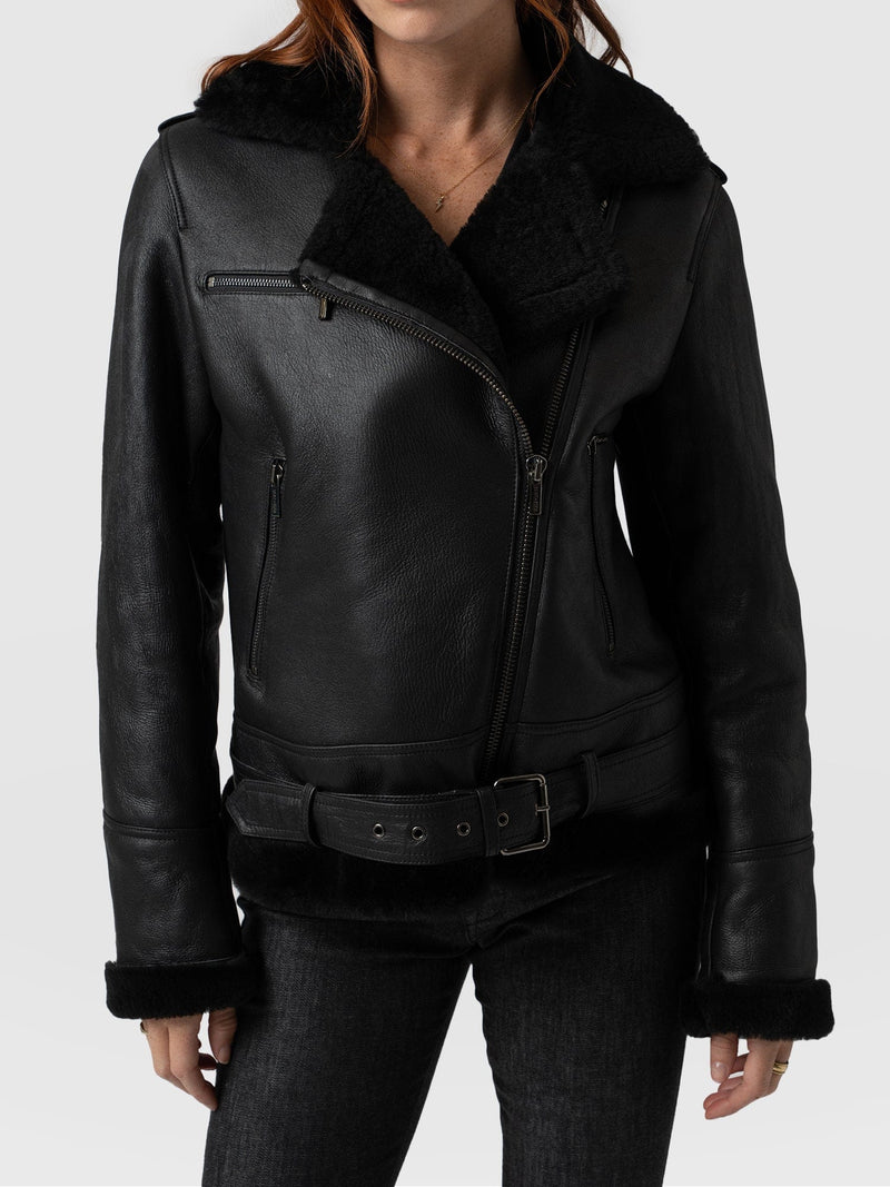 Aviator Shearling Jacket Black - Women's Jackets | Saint + Sofia® USA ...