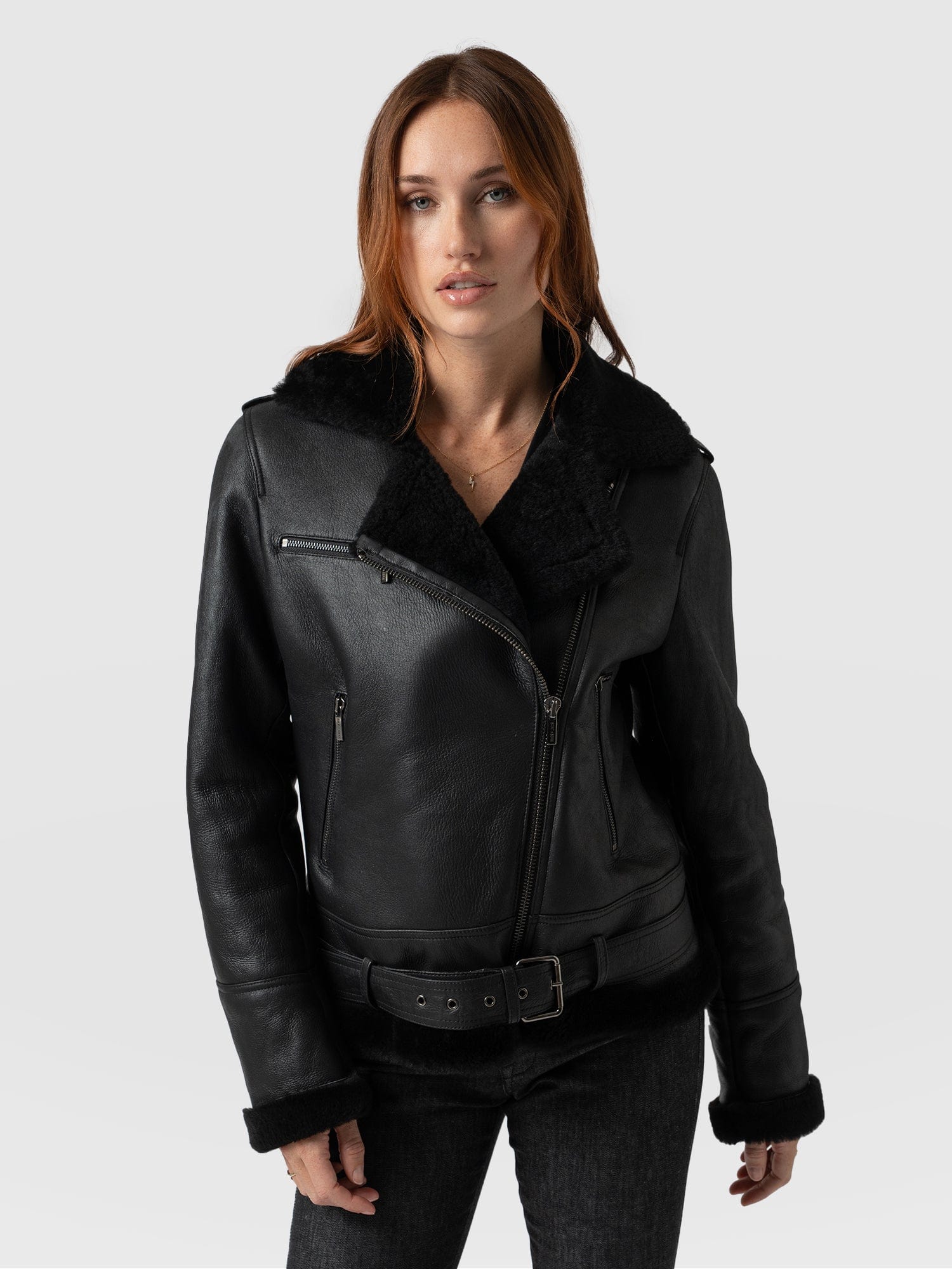 Womens black 2025 leather aviator jacket